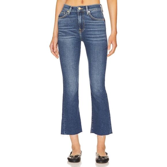 NWT 7 For All Mankind High Waist Slim Kick Cropped Flared Jean in Blue Print - Picture 1 of 16